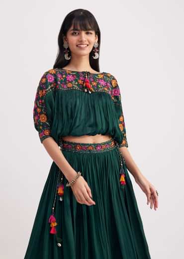 Bottle Green Chiffon Crop Top With Skirt With Colourful Resham Blooms