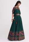Bottle Green Chiffon Crop Top With Skirt With Colourful Resham Blooms