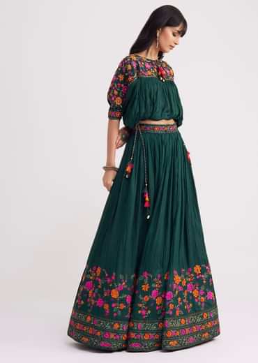 Bottle Green Chiffon Crop Top With Skirt With Colourful Resham Blooms