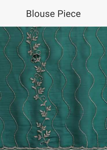 Bottle Green Chinon Saree With Cut Dana Embroidery And Unstitched Blouse