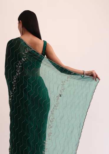 Bottle Green Chinon Saree With Cut Dana Embroidery And Unstitched Blouse