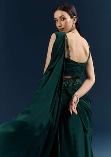 Bottle Green Crepe Ready Pleated Saree With Heavy Embroidery