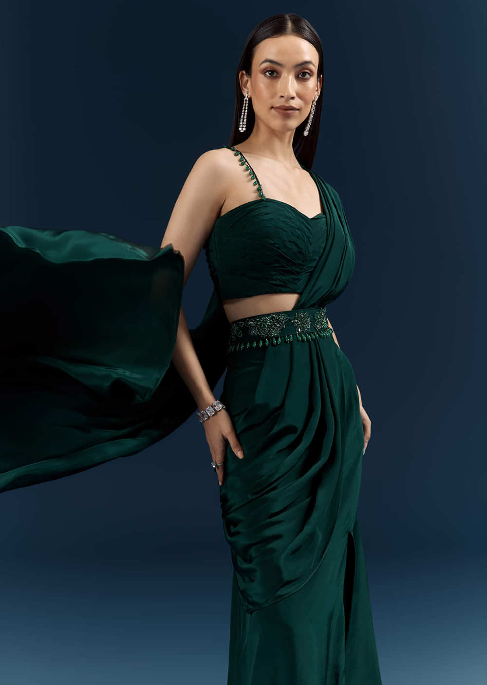 Bottle Green Crepe Ready Pleated Saree With Heavy Embroidery
