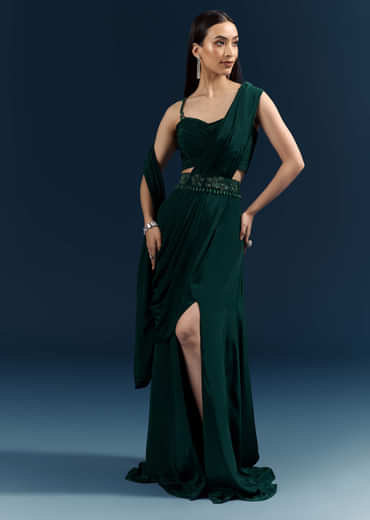Bottle Green Crepe Ready Pleated Saree With Heavy Embroidery