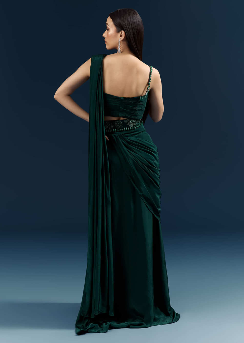 Bottle Green Crepe Ready Pleated Saree With Heavy Embroidery