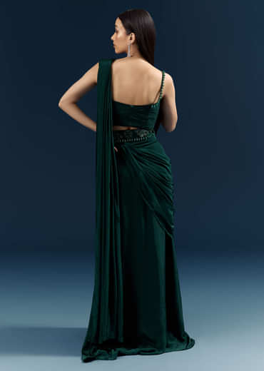 Bottle Green Crepe Ready Pleated Saree With Heavy Embroidery