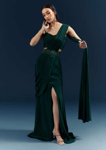 Bottle Green Crepe Ready Pleated Saree With Heavy Embroidery