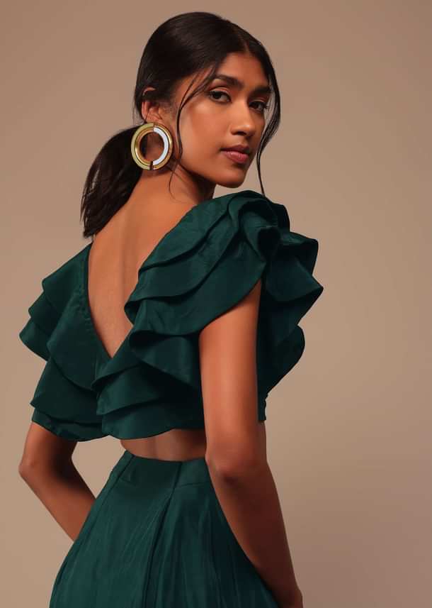 Bottle Green Crepe Pre Drape Saree With Fancy Blouse And Embroidered Belt