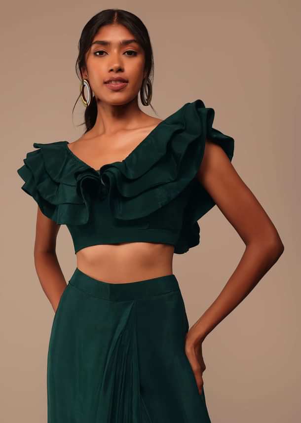 Bottle Green Crepe Pre Drape Saree With Fancy Blouse And Embroidered Belt