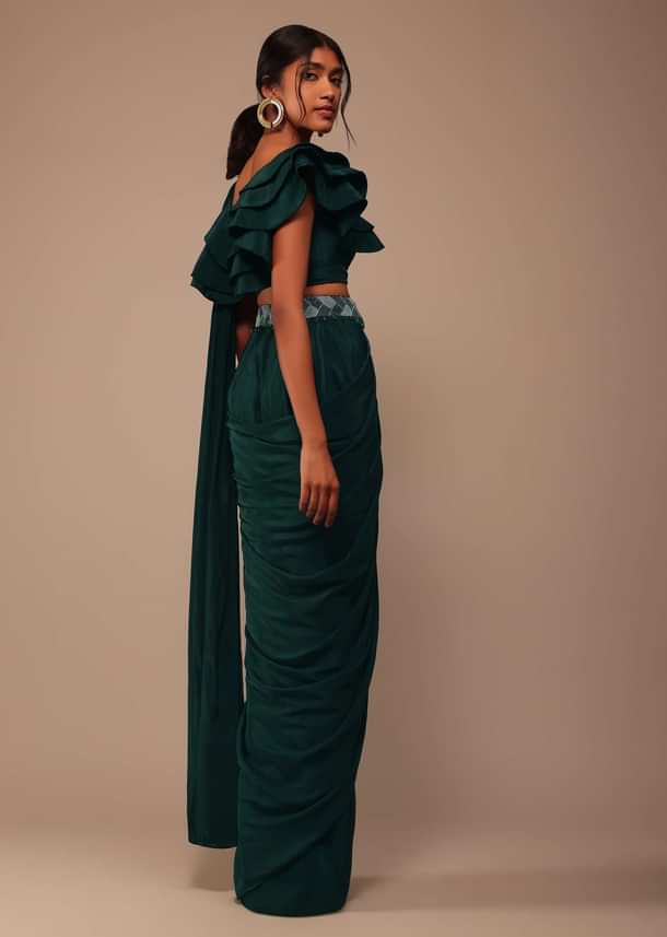 Bottle Green Crepe Pre Drape Saree With Fancy Blouse And Embroidered Belt
