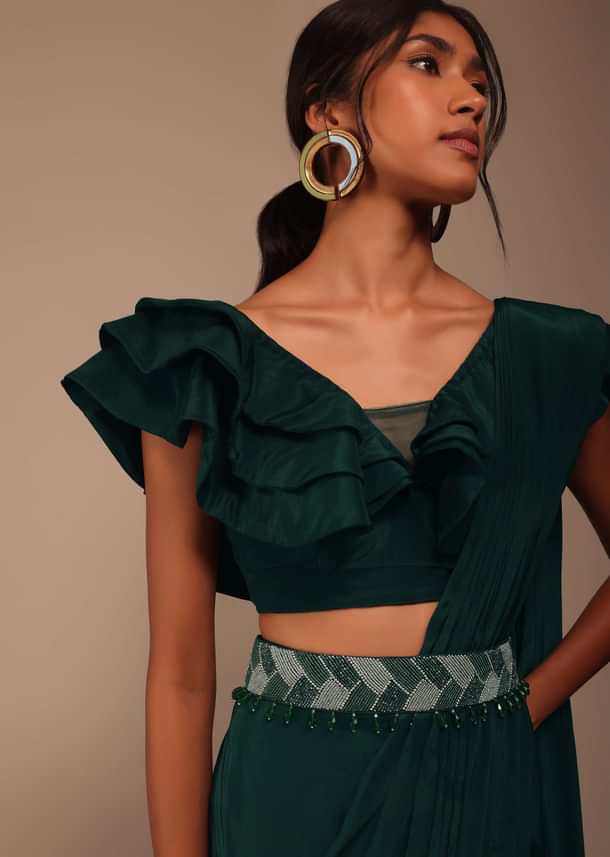 Bottle Green Crepe Pre Drape Saree With Fancy Blouse And Embroidered Belt