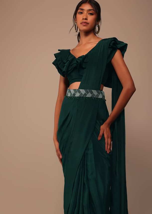 Bottle Green Crepe Pre Drape Saree With Fancy Blouse And Embroidered Belt