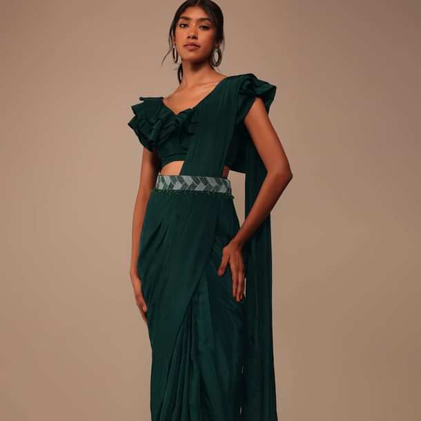 Bottle Green Crepe Pre Drape Saree With Fancy Blouse And Embroidered Belt
