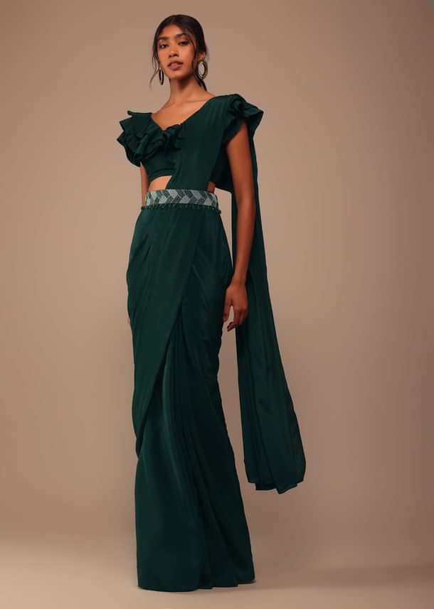Bottle Green Crepe Pre Drape Saree With Fancy Blouse And Embroidered Belt