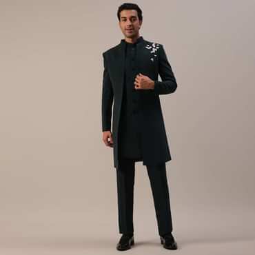 Bottle Green Embroidered Indowestern In Suiting Fabric