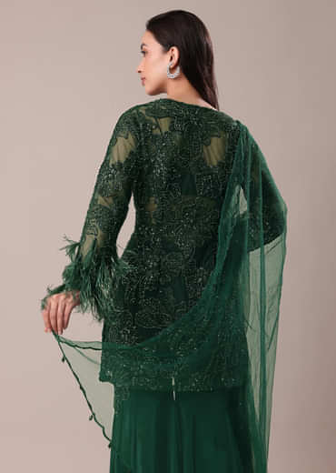 Bottle Green Fancy Sequins Palazzo Suit