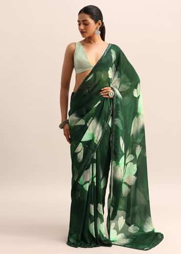 Bottle Green Floral Printed Georgette Saree With Sequin Border And Unstitched Blouse