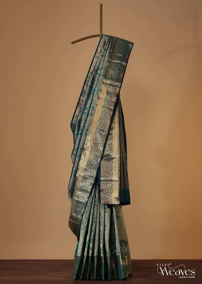 Peacock Blue Kanjivaram Saree In Pure Uppada Silk With Zari Weave And Unstitched Blouse
