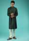 Bottle Green Kurta Set In Raw Silk With Mirror Abla And Sequins Embroidered Geometric Jaal