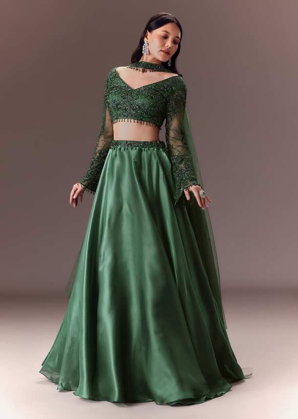 Bottle Green Organza Lehenga Set With Hand Work