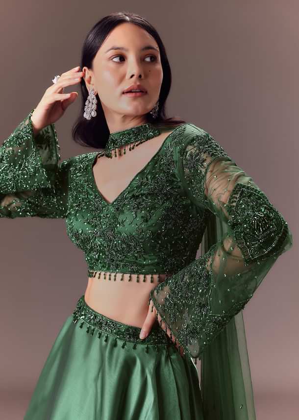 Bottle Green Organza Lehenga Set With Hand Work