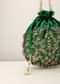 Bottle Green Potli In Satin Silk With Hand Embroidery Detailing Using Zardosi Work In Floral Design All Over