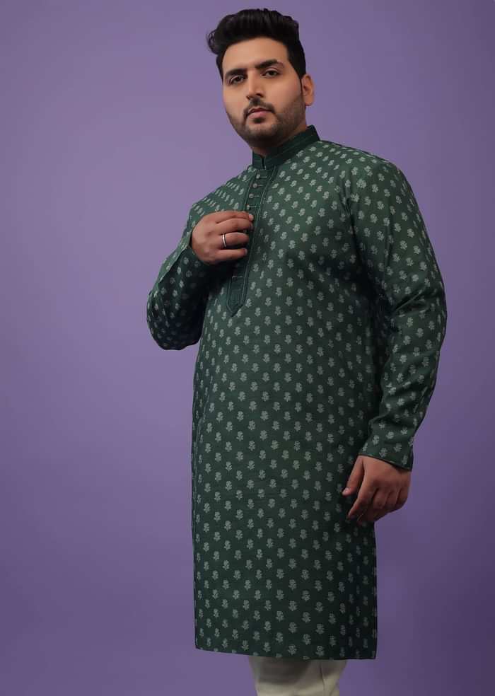 Bottle Green Jackard Printed Kurta Set