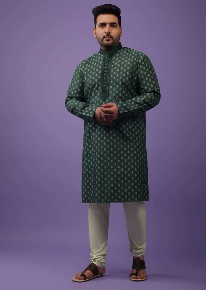 Bottle Green Jackard Printed Kurta Set