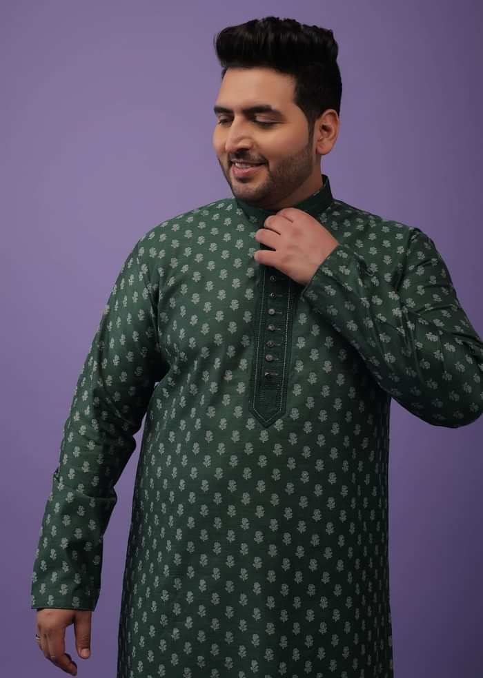 Bottle Green Jackard Printed Kurta Set