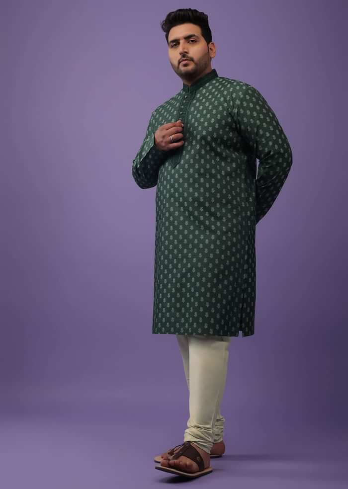 Bottle Green Jackard Printed Kurta Set