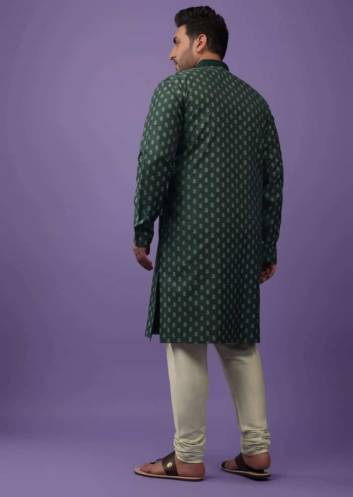 Bottle Green Jackard Printed Kurta Set
