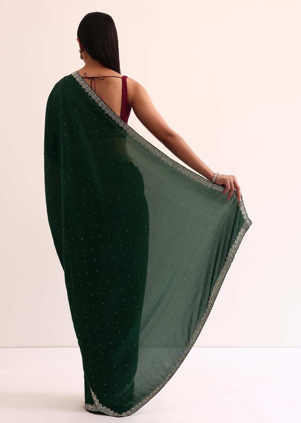 Bottle Green Satin Saree With Cut Dana Embroidery And Unstitched Blouse