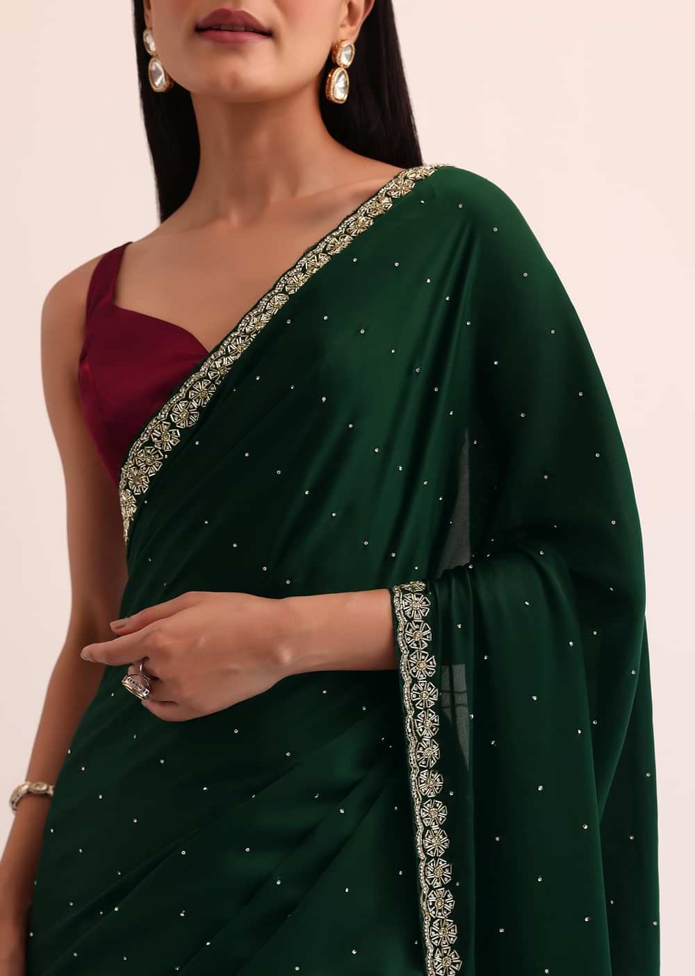 Bottle Green Satin Saree With Cut Dana Embroidery And Unstitched Blouse