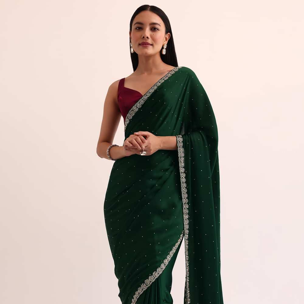 Bottle Green Satin Saree With Cut Dana Embroidery And Unstitched Blouse