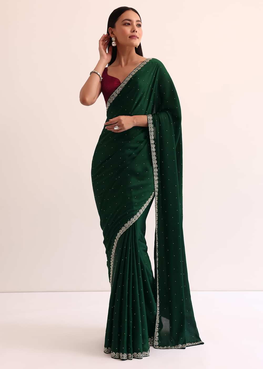 Bottle Green Satin Saree With Cut Dana Embroidery And Unstitched Blouse