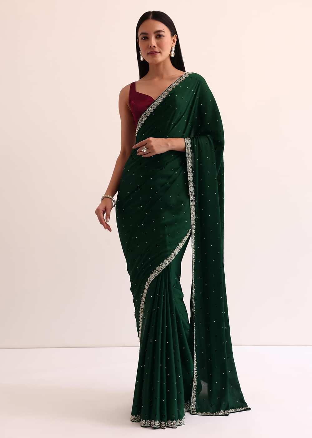 Bottle Green Satin Saree With Cut Dana Embroidery And Unstitched Blouse