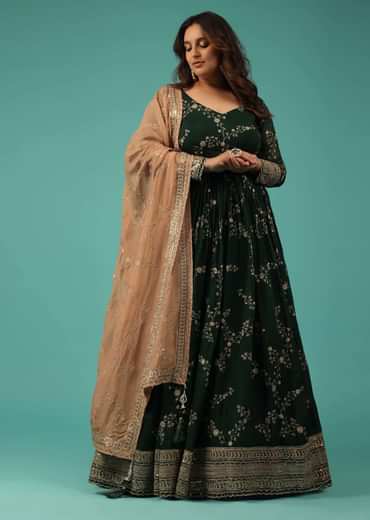 Bottle Green Silk Anarkali Suit With Zari And Sequins Work Along With Embroidered Floral Jaal