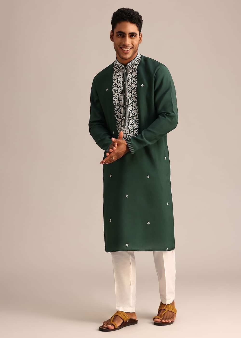Bottle Green Silk Kurta And Pant Set With Hand Embroidered Yoke