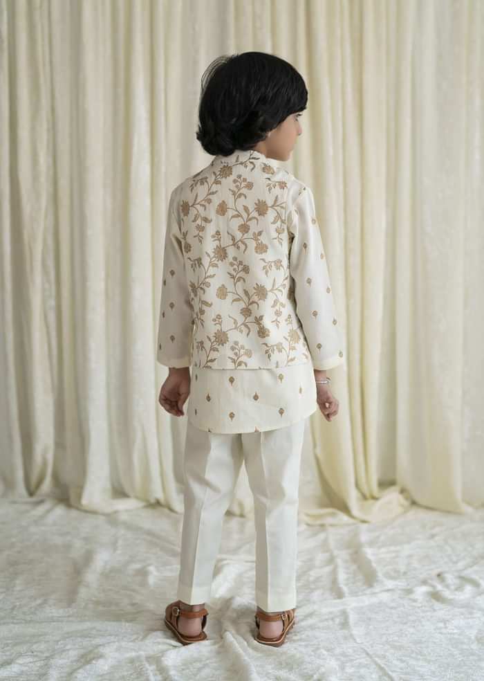 Kalki Boys 3 Pc Cream White Bandhgala Bundi Kurta Set Embroidered