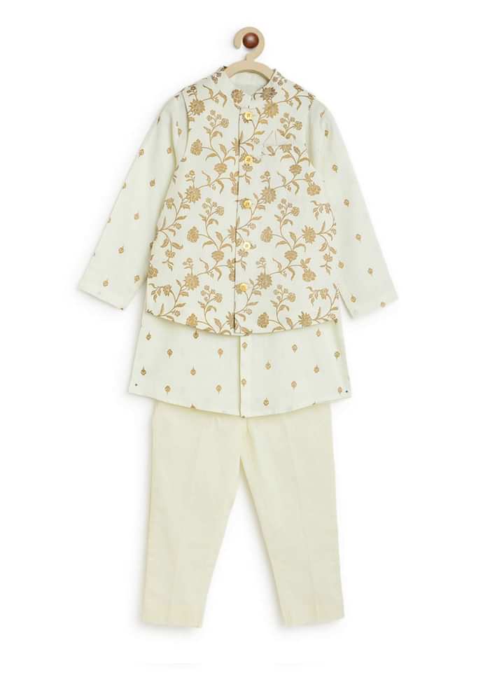 Kalki Boys 3 Pc Cream White Bandhgala Bundi Kurta Set Embroidered