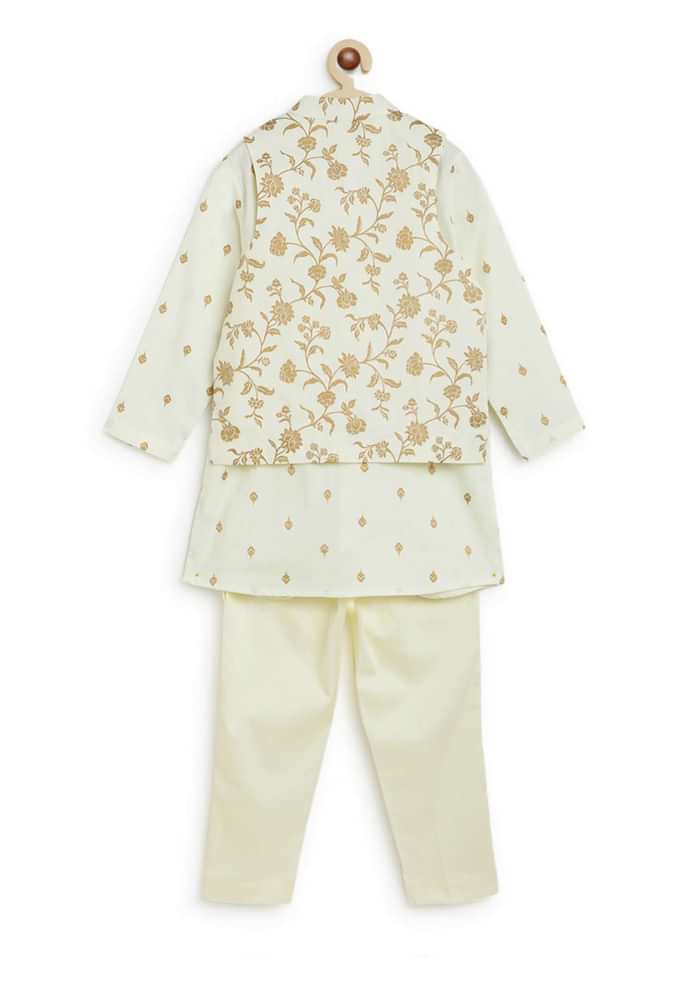 Kalki Boys 3 Pc Cream White Bandhgala Bundi Kurta Set Embroidered