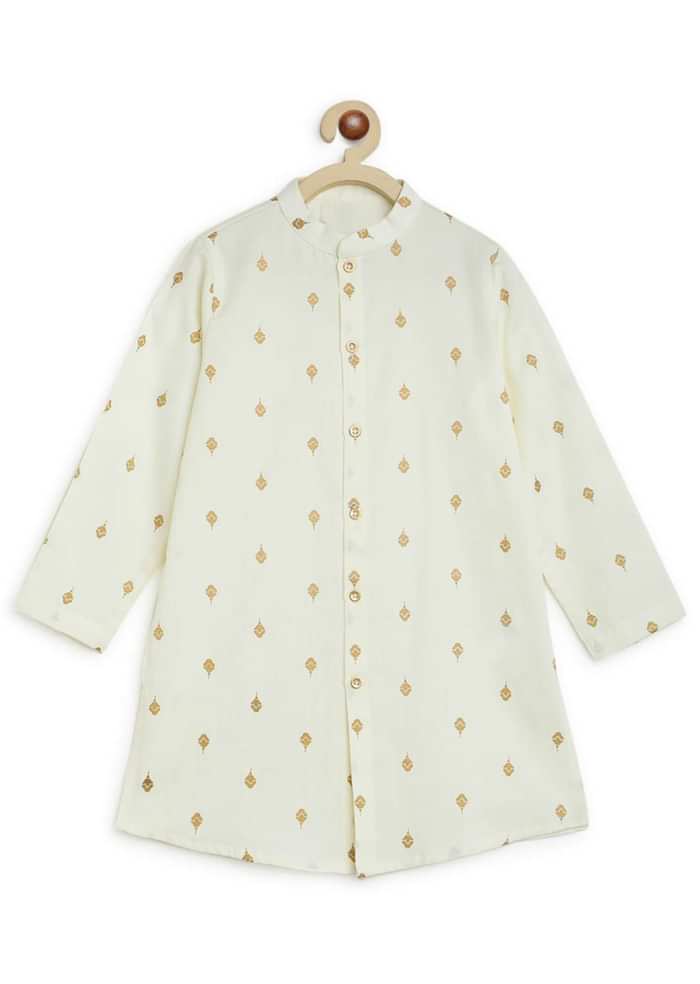 Kalki Boys 3 Pc Cream White Bandhgala Bundi Kurta Set Embroidered