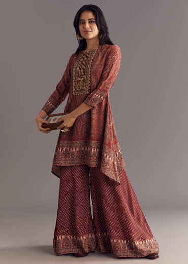 Brick Orange Satin Paisley Print Kurta Sharara Set With Cutdana Neckline