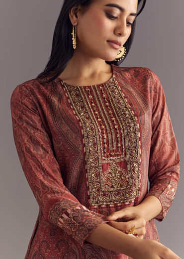Brick Orange Satin Paisley Print Kurta Sharara Set With Cutdana Neckline