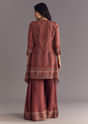 Brick Orange Satin Paisley Print Kurta Sharara Set With Cutdana Neckline