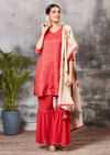 Brick Red Sharara Suit In Brocade Silk With Floral Printed Dupatta