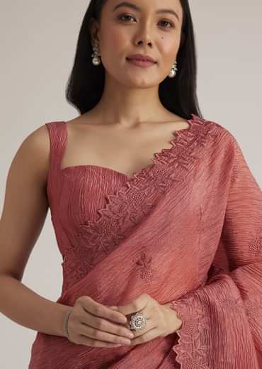Brick Pink Crushed Tissue Saree With Resham Cutwork Border