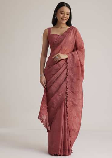 Brick Pink Crushed Tissue Saree With Resham Cutwork Border