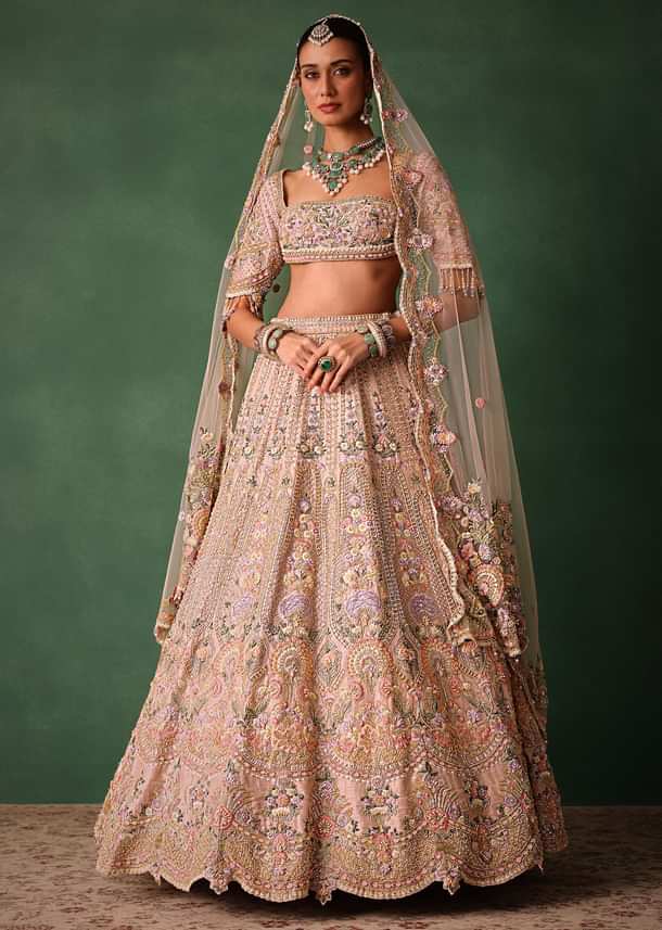 Bridal Pink Lehenga With Floral Embroidered Blouse And Scallop Dupatta