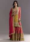Bright Coral Pink Printed Leather Patch Kurta Sharara With Organza Dupatta